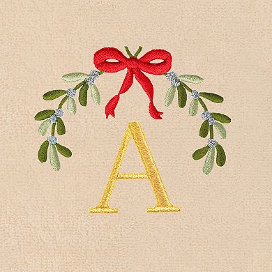 Linum Home Textiles 2-Piece Christmas Embroidered Mistletoe Monogram Luxury Cotton Hand Towel Set