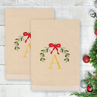 Linum Home Textiles 2-Piece Christmas Embroidered Mistletoe Monogram Luxury Cotton Hand Towel Set