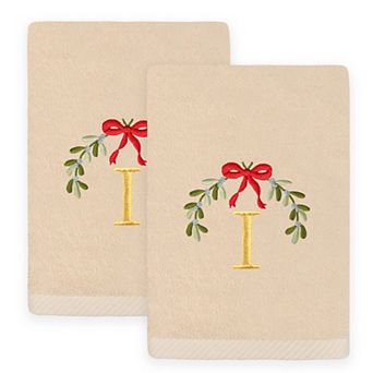 Linum Home Textiles 2 pc Christmas Embroidered Mistletoe Monogram Luxury Cotton Hand Towel Set