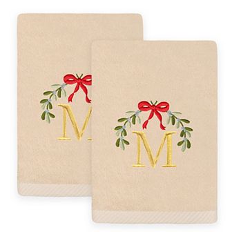 Linum Home Textiles 2 pc Christmas Embroidered Mistletoe Monogram Luxury Cotton Hand Towel Set