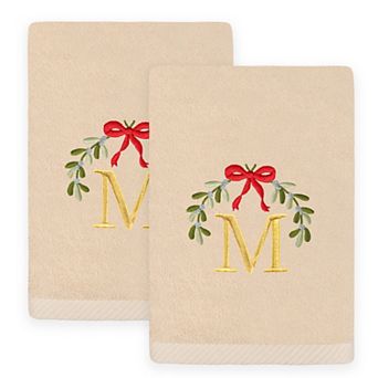 Linum Home Textiles 2 pc Christmas Embroidered Mistletoe Monogram Luxury Cotton Hand Towel Set