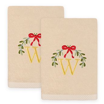 Linum Home Textiles 2 pc Christmas Embroidered Mistletoe Monogram Luxury Cotton Hand Towel Set