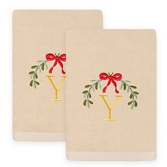 Linum Home Textiles 2 pc Christmas Embroidered Mistletoe Monogram Luxury Cotton Hand Towel Set