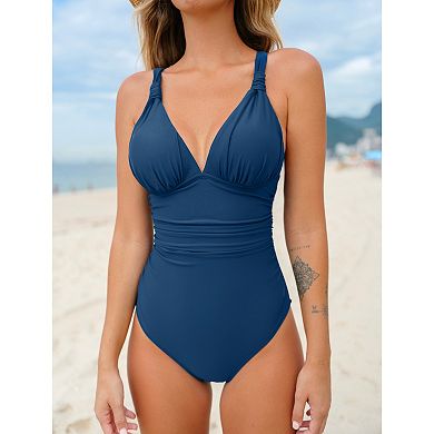 Women's CUPSHE V Neck Tummy Control Ruched One-Piece Swimsuit