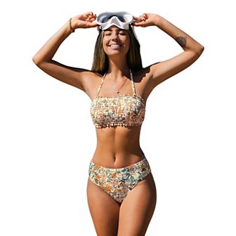 Women's Cupshe Floral Smocked Tie Back Bandeau Swim Top and Mid Rise Swim Bottoms Bikini Set