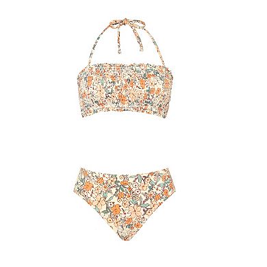 Women's CUPSHE Floral Smocked Tie Back Bandeau Swim Top and Mid Rise Swim Bottoms Bikini Set