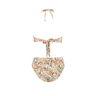 Women's Cupshe Floral Smocked Tie Back Bandeau Swim Top and Mid Rise Swim Bottoms Bikini Set