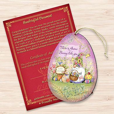 Set of 2 - Bunny Garden Gnome Egg Wooden Holiday Ornaments by Susan Winget - Easter Spring Decor