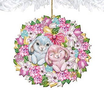 Set of 2 - Bunny Love Wreath Wooden Holiday Ornaments by G.DeBrekht - Easter Spring Decor
