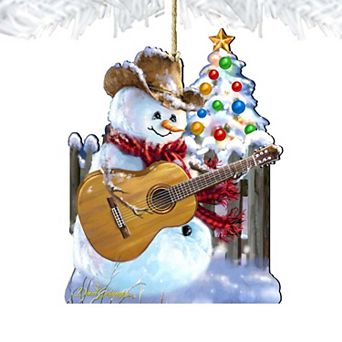 Set of 2 - Guitar Rocker Snowman Wooden Christmas Ornaments by Gelsinger - Christmas Santa Snowman Decor