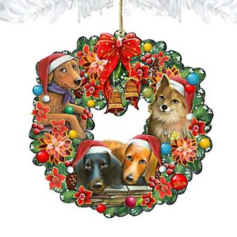 Set of 2 - Christmas Friends Puppy Wreath Wooden Christmas Ornaments by G. DeBrekht - Pets Dog and Cats Decor