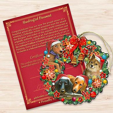 Set of 2 - Christmas Friends Puppy Wreath Wooden Christmas Ornaments by G. DeBrekht - Pets Dog and Cats Decor