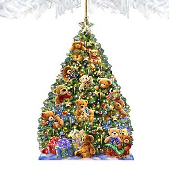 Set of 2 - Teddy Bear Tree Wooden Christmas Ornaments by Gelsinger - Christmas Decor