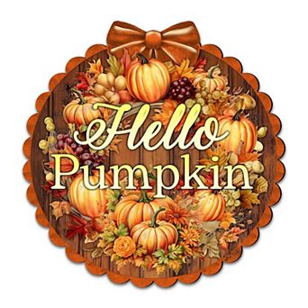 Hello Pumpkin 19" Wooden Door Sign by G. DeBrekht Handcrafted Thanksgiving Halloween Decor