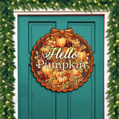 Hello Pumpkin 19" Wooden Door Sign by G. DeBrekht Handcrafted Thanksgiving Halloween Decor