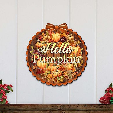 Hello Pumpkin 19" Wooden Door Sign by G. DeBrekht Handcrafted Thanksgiving Halloween Decor