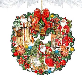 Set of 2 - Classic Christmas Santa Wreath Wooden Christmas Ornaments Set of 2 - G. DeBrekht - Christmas Santa Snowman Decor