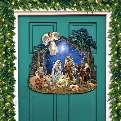 Nativity & Angel 24-Inch Handcrafted Wooden Door Decor by D. Gelsinger - Inspirational Holiday Decor