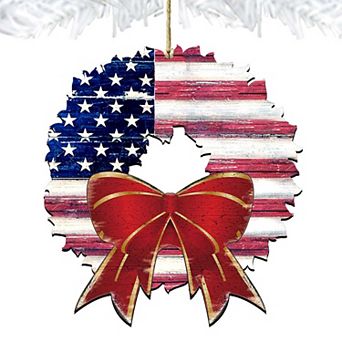 Set of 2 - American Flag Wreath Wooden Christmas Ornaments by G. DeBrekht - American Christmas Decor