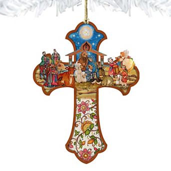 Set of 2 - Nativity Cross Wooden Holiday Ornaments by G. DeBrekht - Nativity Holiday Decor