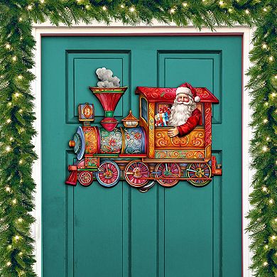Santa's Train 24-Inch Handcrafted Wooden Door Decor by G. DeBrekht - Festive Holiday Decor