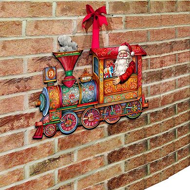 Santa's Train 24-Inch Handcrafted Wooden Door Decor by G. DeBrekht - Festive Holiday Decor