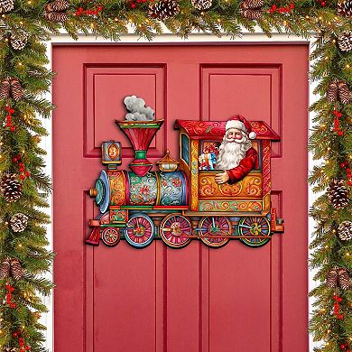 Santa's Train 24-Inch Handcrafted Wooden Door Decor by G. DeBrekht - Festive Holiday Decor