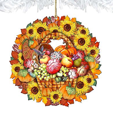 Set of 2 - Flower Fall Wreath Wooden Holiday Ornaments by G. DeBrekht - Thanksgiving Halloween Decor