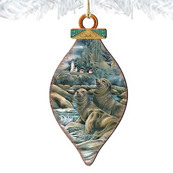 Set of 2 - Lions of the Sea Lighthouse Caves Wooden Holiday Ornaments by J. Bergsma - Coastal Sea-Life Decor