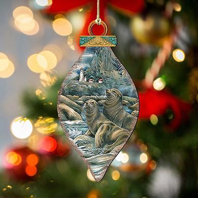Set of 2 - Lions of the Sea Lighthouse Caves Wooden Holiday Ornaments by J. Bergsma - Coastal Sea-Life Decor