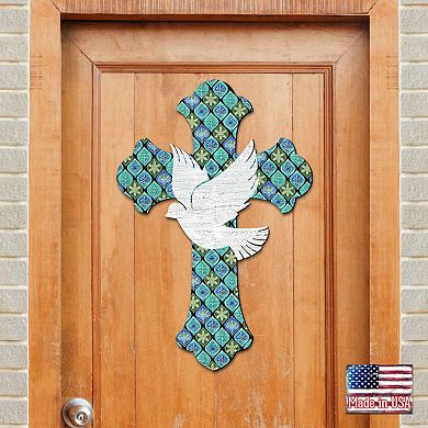 White Doves Cross Easter 24-Inch Handcrafted Wooden Door Decor by G. Debrekht - Easter Spring Decor