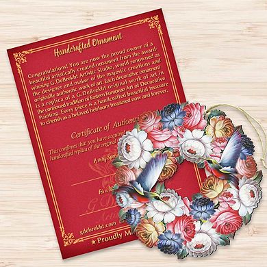 Set of 2 - Birdy Floral Wreath Wooden Holiday Ornaments by G. DeBrekht - Easter Spring Decor