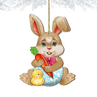 Set of 2 - Carrot Bunny with Chick Wooden Holiday Ornaments by G.DeBrekht - Easter Spring Decor