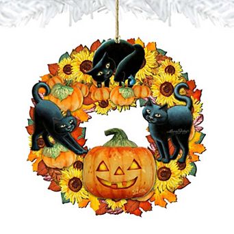 Set of 2 - Halloween Cats Wreath Wooden Holiday Ornaments by G. DeBrekht - Thanksgiving Halloween Decor