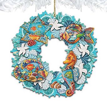 Set of 2 - Sea Creatures Wreath Wooden Holiday Ornaments by G. DeBrekht - Coastal Holiday Decor
