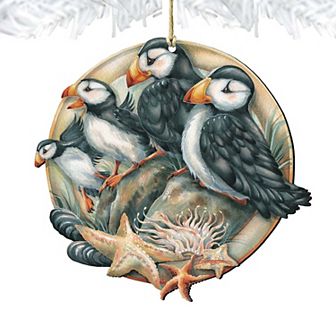 Set of 2 - Send in the Clowns Puffins Wooden Holiday Ornaments by J. Bergsma - Wildlife Holiday Decor