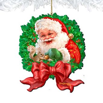 Set of 2 - Wreath Santa Bow Wooden Christmas Ornaments by Gelsinger - Christmas Decor