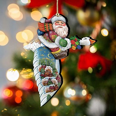 Set of 2 - Goose Traveling Santa Wooden Christmas Ornaments by G. DeBrekht - Christmas Santa Snowman Decor