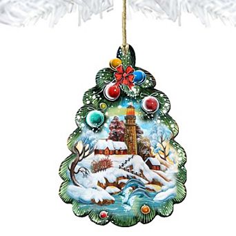 Set of 2 - Lighthouse Tree Wooden Holiday Ornaments by G. DeBrekht - Coastal Holiday Decor