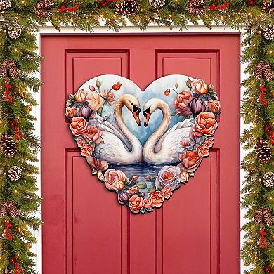 Swans Love Holiday 24-Inch Handcrafted Wooden Door Decor by G. Debrekht - Love Kids Family Decor