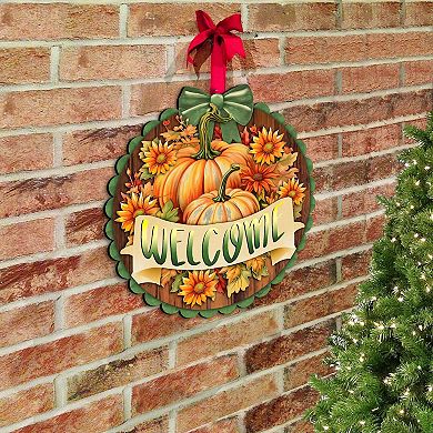 Welcome 19" Wooden Door Sign by G. DeBrekht Handcrafted Thanksgiving Halloween Decor