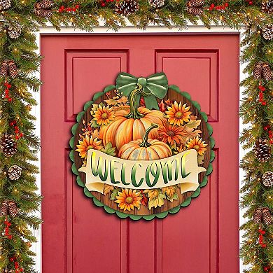 Welcome 19" Wooden Door Sign by G. DeBrekht Handcrafted Thanksgiving Halloween Decor