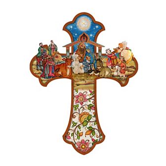 Nativity Cross 24-Inch Handcrafted Wooden Door Decor by G. DeBrekht - Holiday Decor