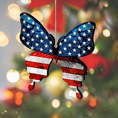 Set of 2 - USA Patriotic Butterfly Wooden Christmas Ornaments by G. DeBrekht - American Christmas Decor