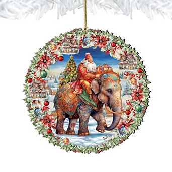 Santa on Elephant Wreath Wooden Christmas Ornaments by G. Debrekht - Christmas Santa Snowman Decor