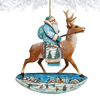 Set of 2 - Reindeer Ride Santa Wooden Christmas Ornaments by G. DeBrekht - Christmas Santa Snowman Decor