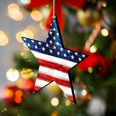 Set of 2 - Patriotic US Star Rustic Wooden Holiday Ornaments by G. DeBrekht - American Patriotic Decor