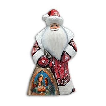 Holy Family Nativity Santa In Red Hand-painted Wood Carved Masterpiece By G. Debrekht