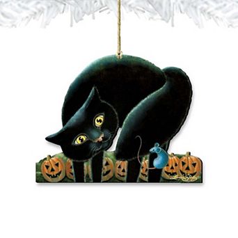 Set of 2 - Spooky Cat Wooden Holiday Ornaments by Laura Seeley - Thanksgiving Halloween Decor