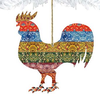 Set of 2 - Rooster Quilted Pattern Wooden Holiday Ornaments by G. DeBrekht - Easter Spring Decor